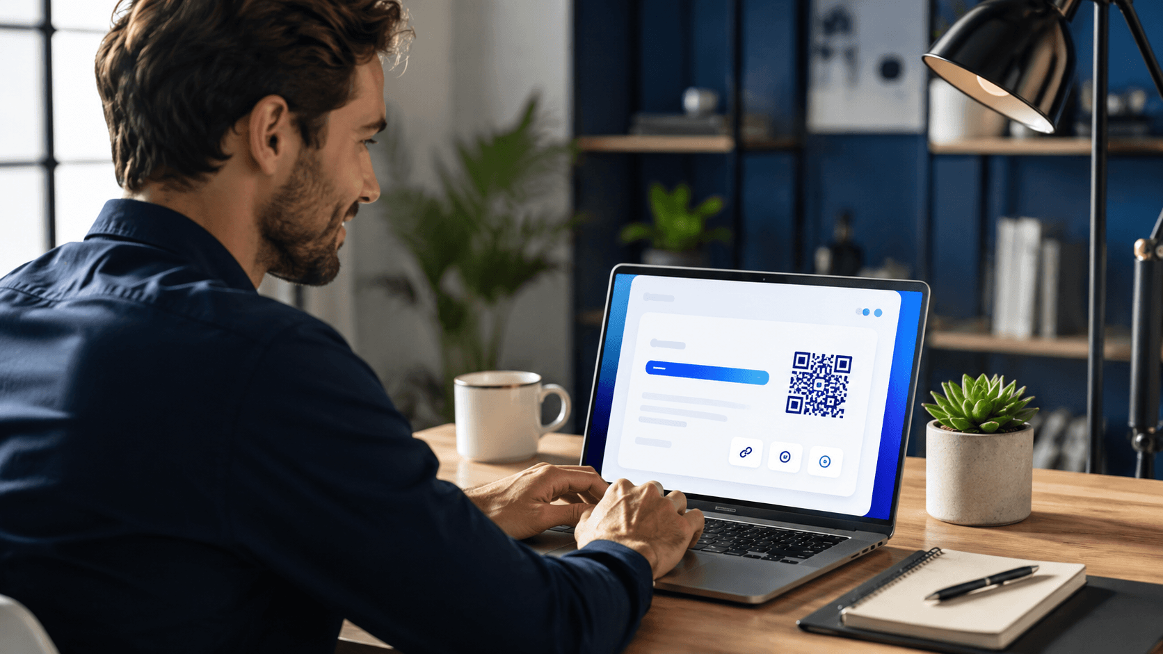 Profesional creando un enlace corto gratis y un código QR en una laptop.
