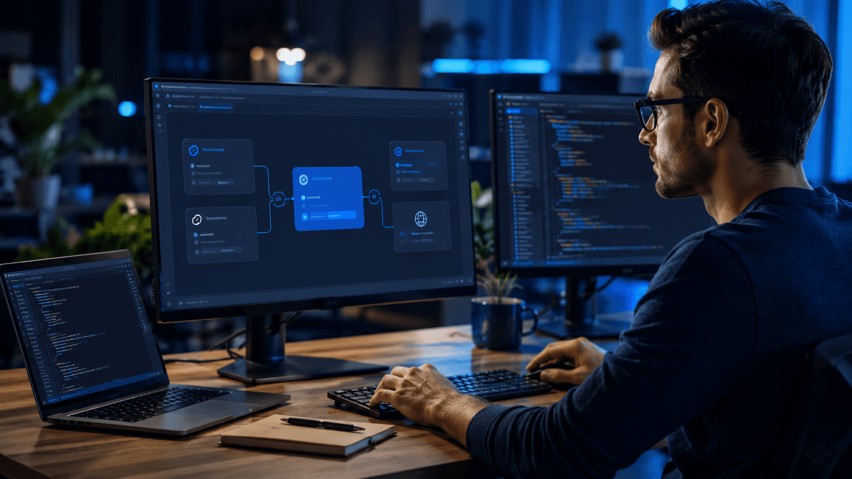 Desarrollador trabajando con automatización de enlaces y flujos de API.