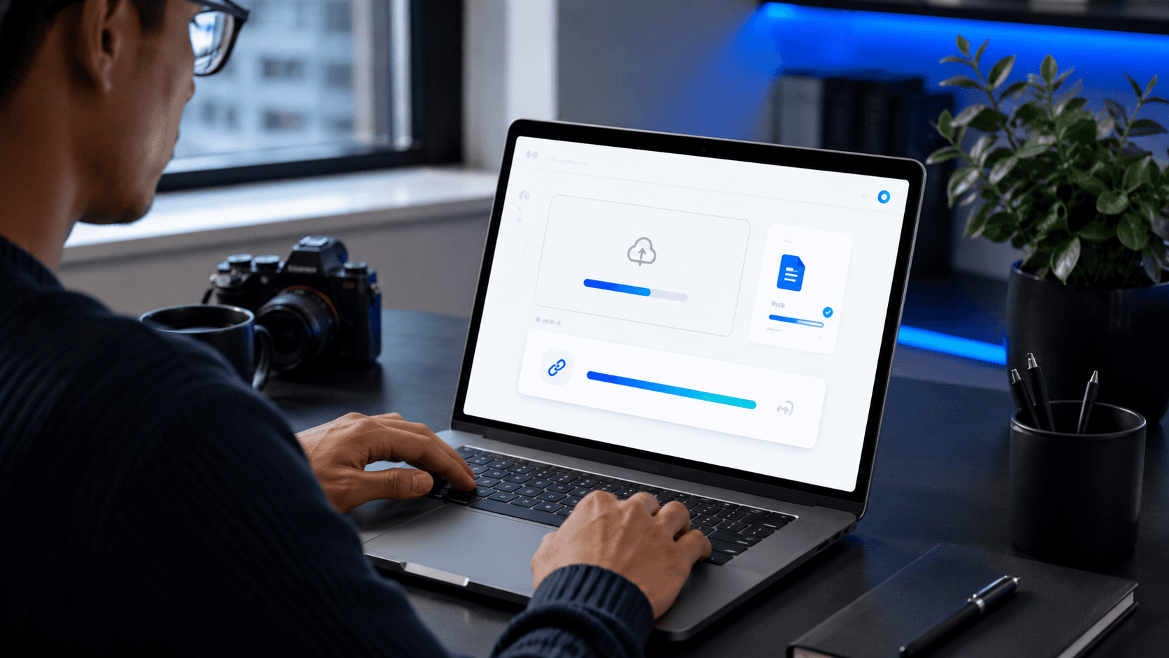 Profesional subiendo un archivo y creando un enlace administrado para compartirlo.