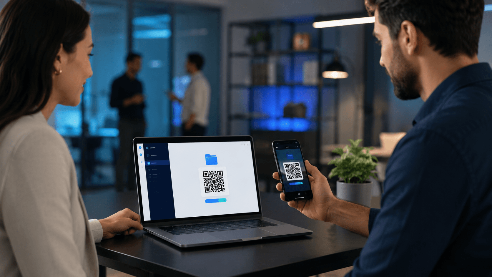 Profesional compartiendo un PDF con un código QR en Blinkode.