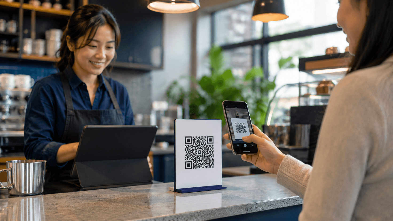 Client scannant un code QR dans un environnement professionnel réel.